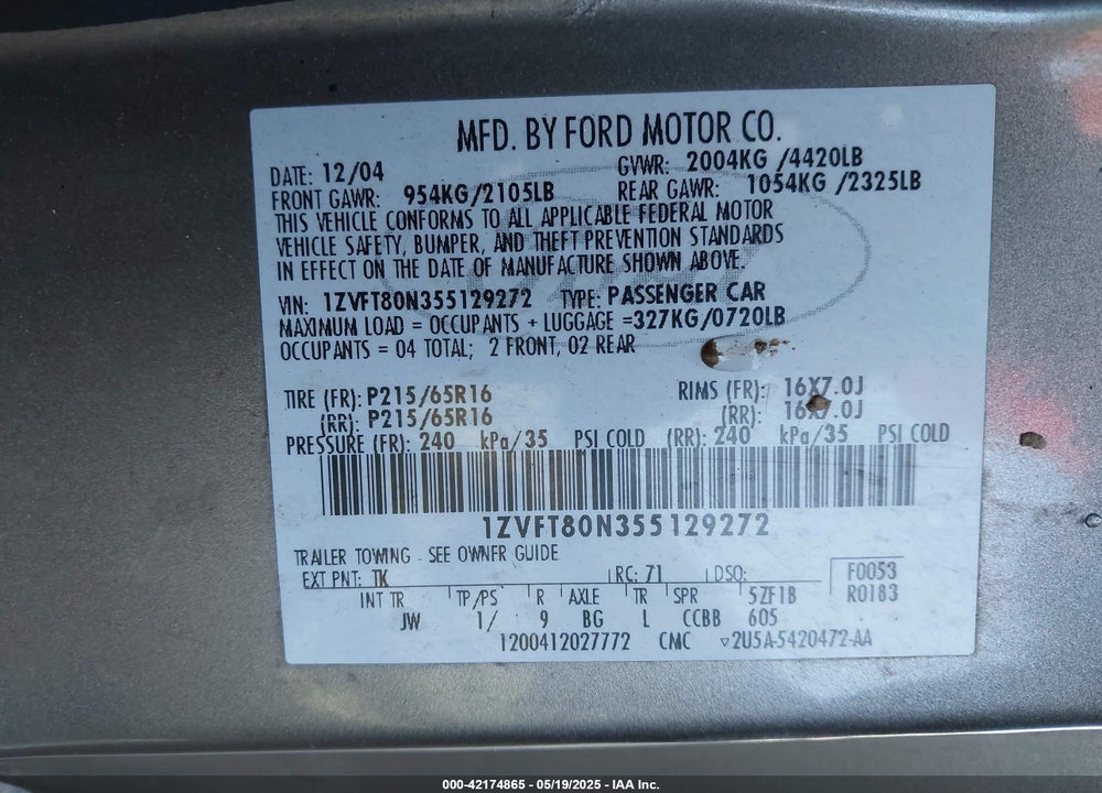 2005 FORD MUSTANG V6 DELUXE/V6 PREMIUM VIN: 1ZVFT80N355129272