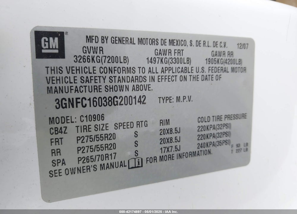 2008 CHEVROLET SUBURBAN 1500 LT VIN: 3GNFC16038G200142