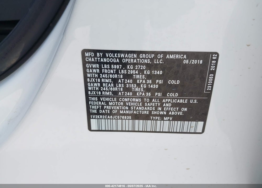 2018 VOLKSWAGEN ATLAS VIN: 1V2KR2CA6JC576835