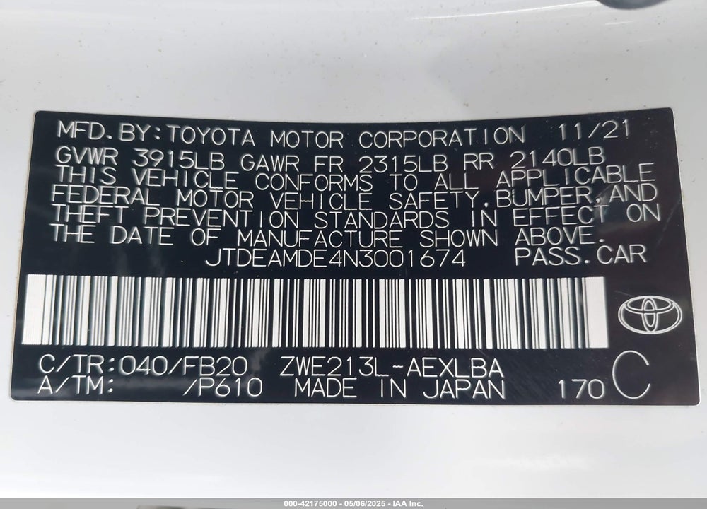 2022 TOYOTA COROLLA VIN: JTDEAMDE4N3001674