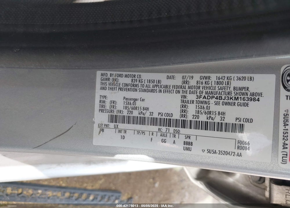 2019 FORD FIESTA SE VIN: 3FADP4BJ3KM163984
