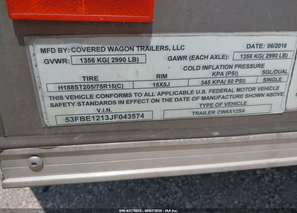 2018 COVERED WAGON 12\' ENCLOSED TRAILER VIN: 53FBE1213JF043574