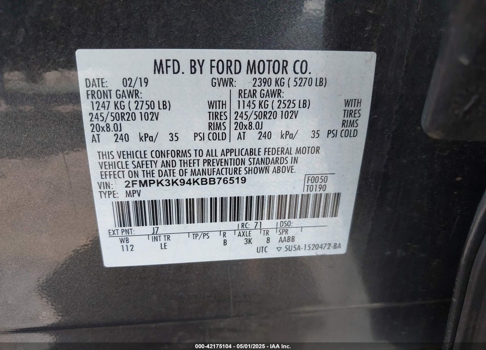 2019 FORD EDGE VIN: 2FMPK3K94KBB76519