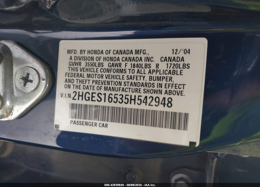 2005 HONDA CIVIC LX VIN: 2HGES16535H542948