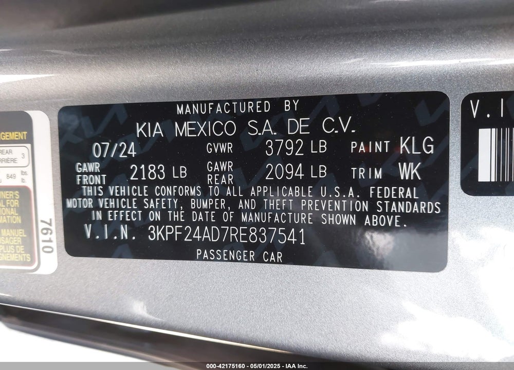 2024 KIA FORTE LXS VIN: 3KPF24AD7RE837541