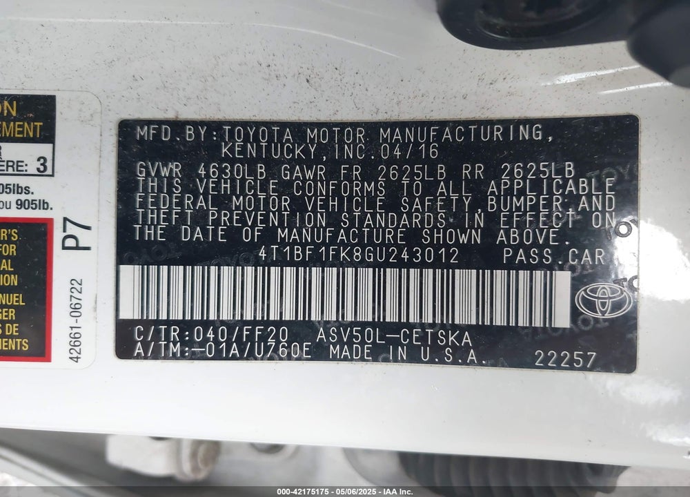 2016 TOYOTA CAMRY VIN: 4T1BF1FK8GU243012