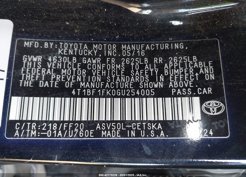 2016 TOYOTA CAMRY SE VIN: 4T1BF1FK0GU254005