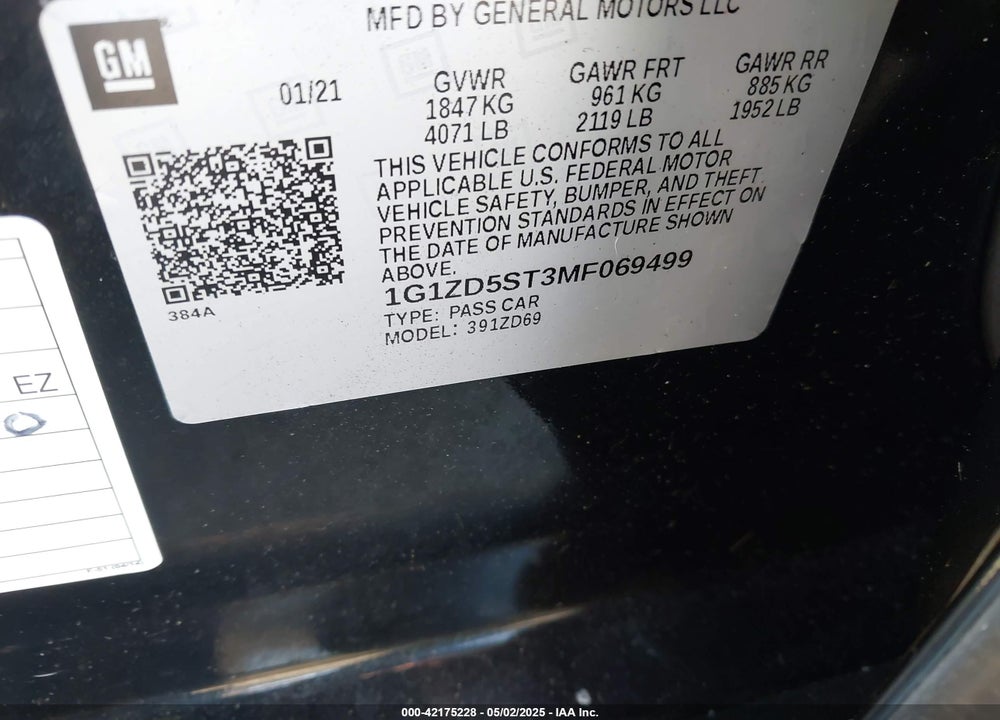 2021 CHEVROLET MALIBU VIN: 1G1ZD5ST3MF069499
