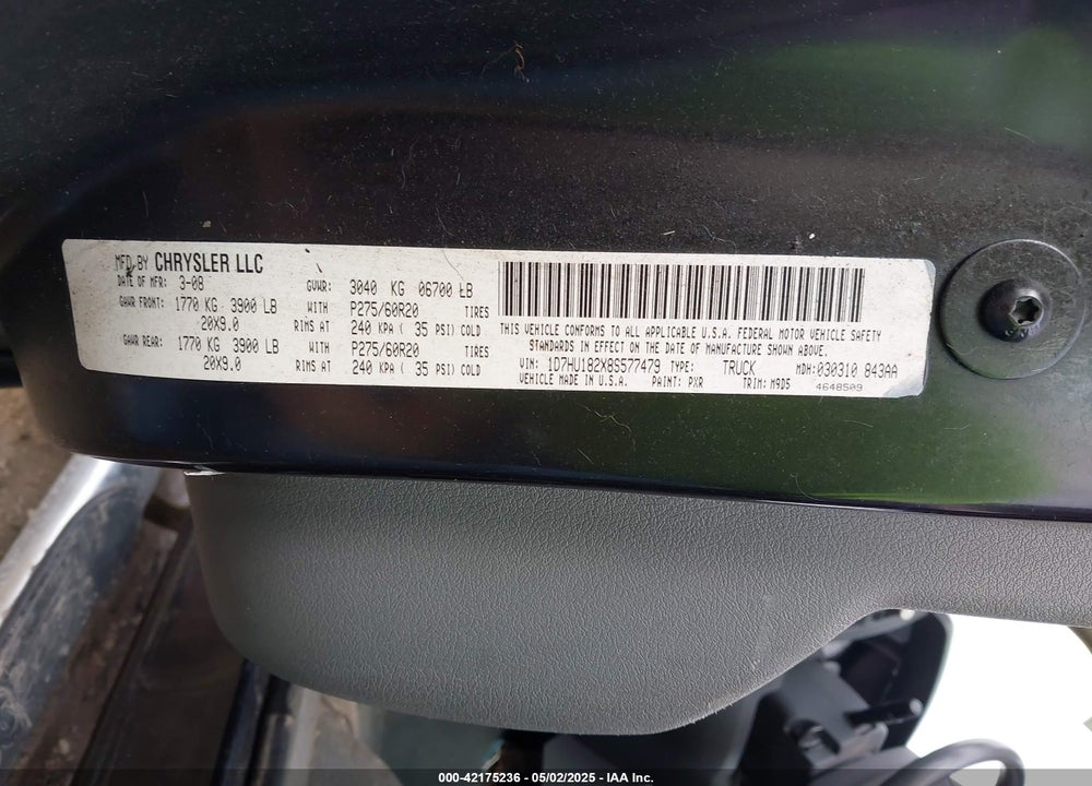 2008 DODGE RAM 1500 VIN: 1D7HU182X8S577479