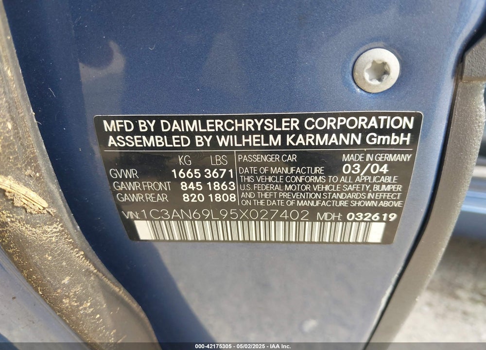 2005 CHRYSLER CROSSFIRE LIMITED VIN: 1C3AN69L95X027402
