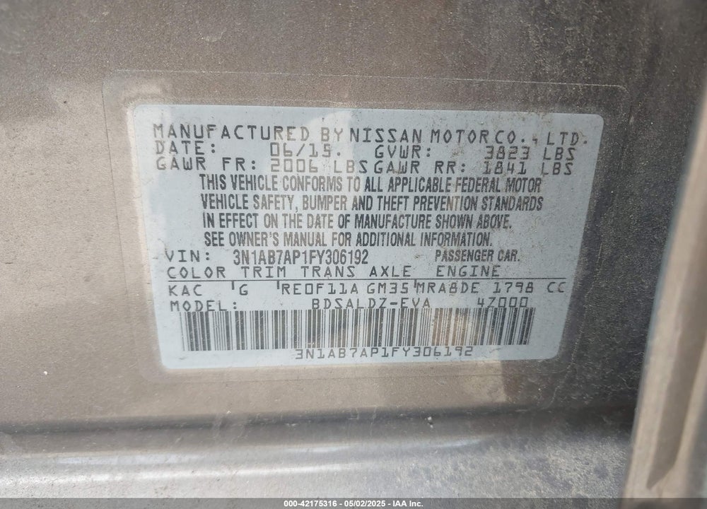 2015 NISSAN SENTRA VIN: 3N1AB7AP1FY306192