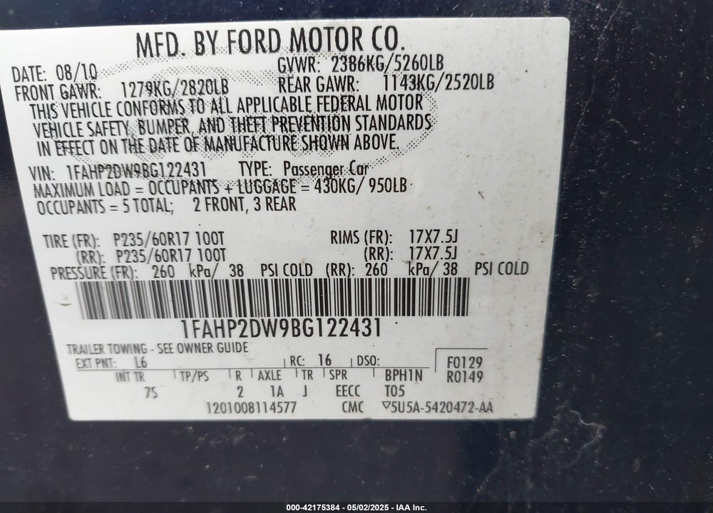 2011 FORD TAURUS VIN: 1FAHP2DW9BG122431