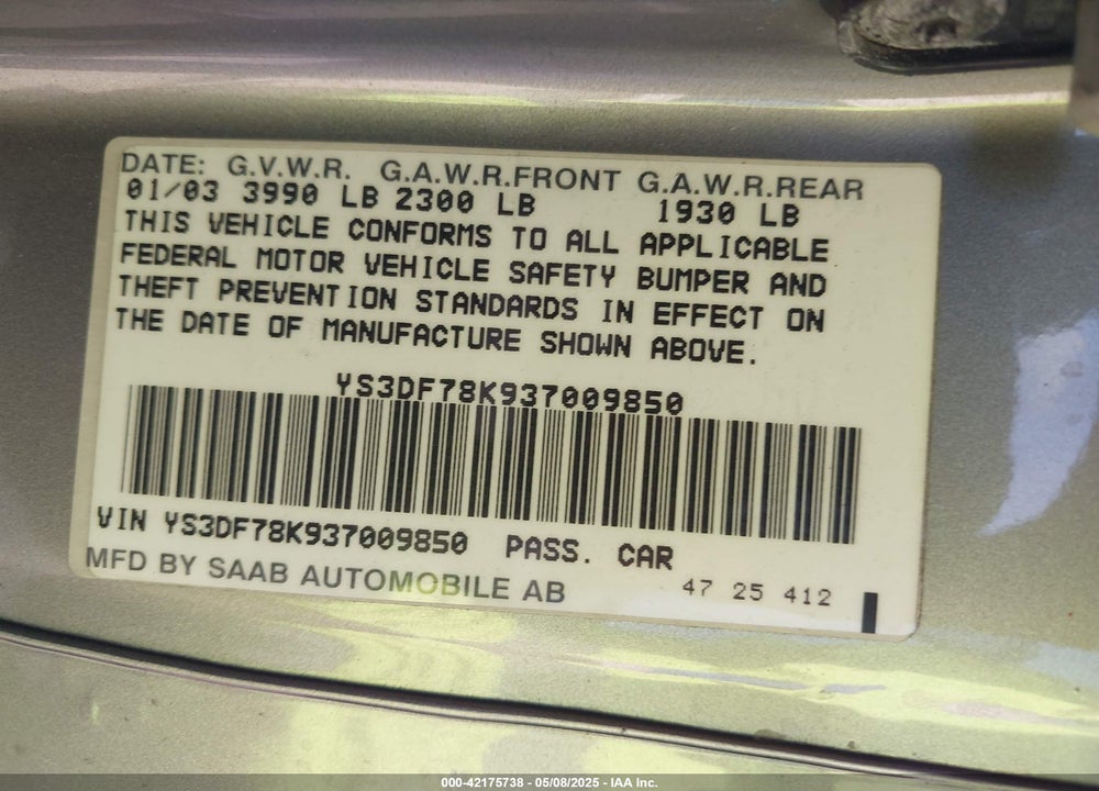 2003 SAAB 9-3 SE VIN: YS3DF78K937009850