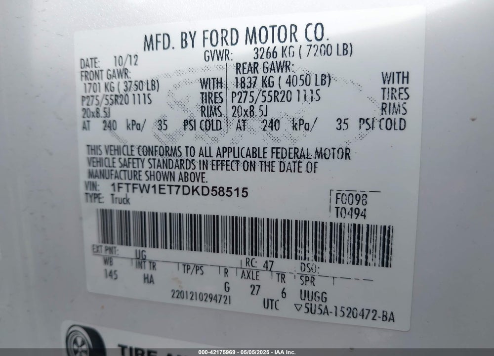 2013 FORD F-150 LARIAT VIN: 1FTFW1ET7DKD58515