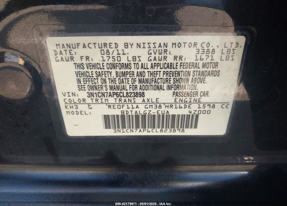 2012 NISSAN VERSA VIN: 3N1CN7AP6CL823898