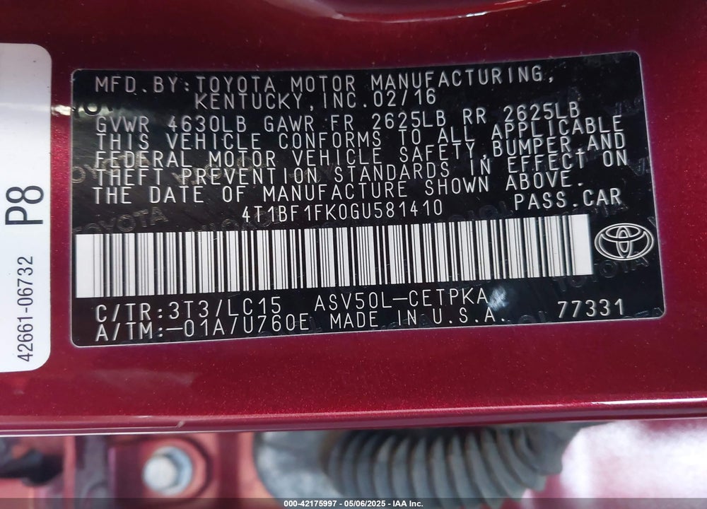 2016 TOYOTA CAMRY XSE VIN: 4T1BF1FK0GU581410