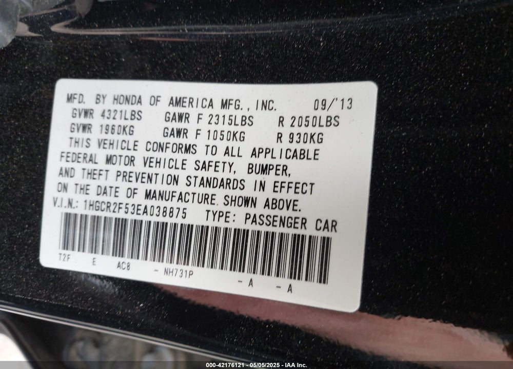 2014 HONDA ACCORD VIN: 1HGCR2F53EA038875