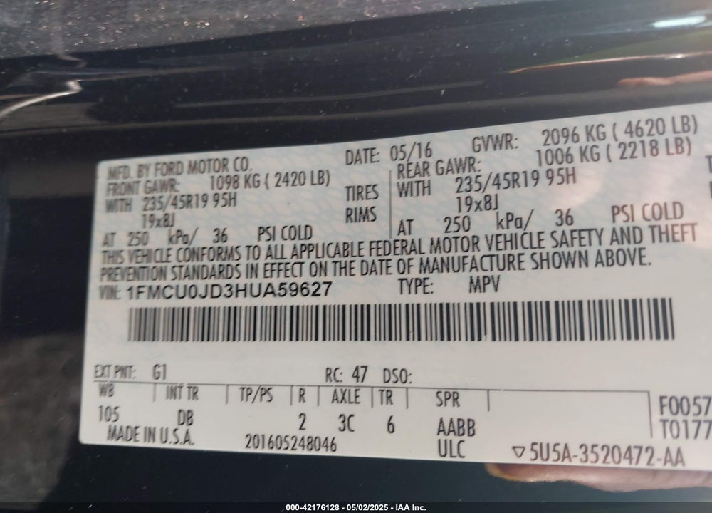 2017 FORD ESCAPE VIN: 1FMCU0JD3HUA59627