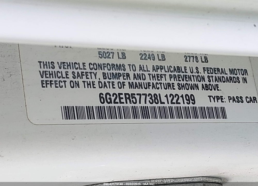 2008 PONTIAC G8 VIN: 6G2ER57738L122199
