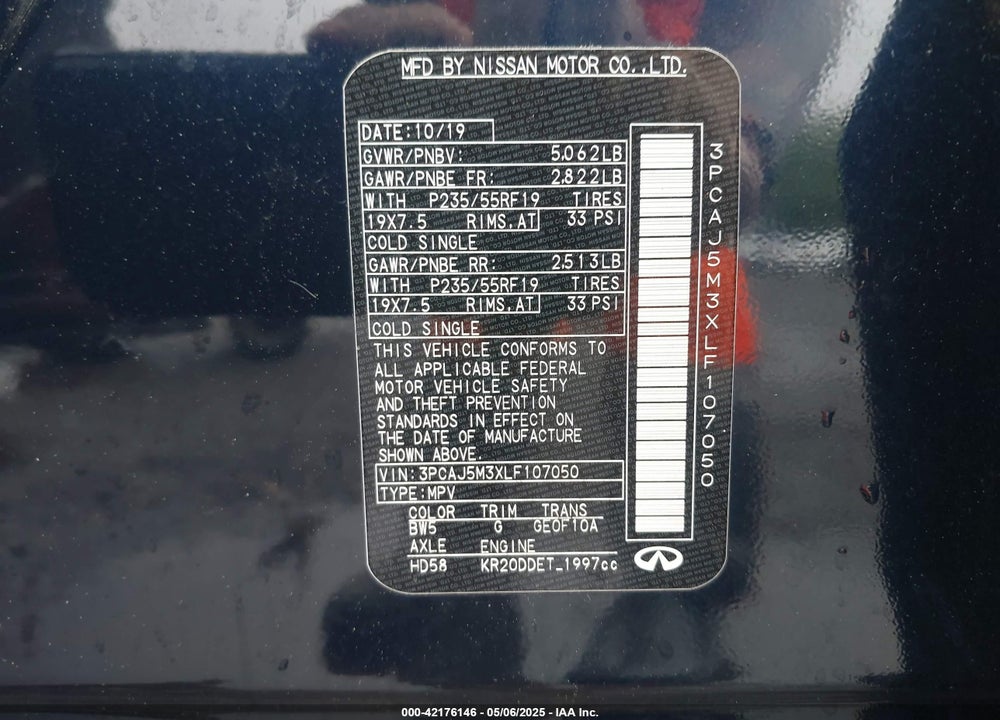 2020 INFINITI QX50 VIN: 3PCAJ5M3XLF107050