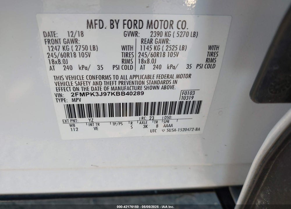 2019 FORD EDGE SEL VIN: 2FMPK3J97KBB40289