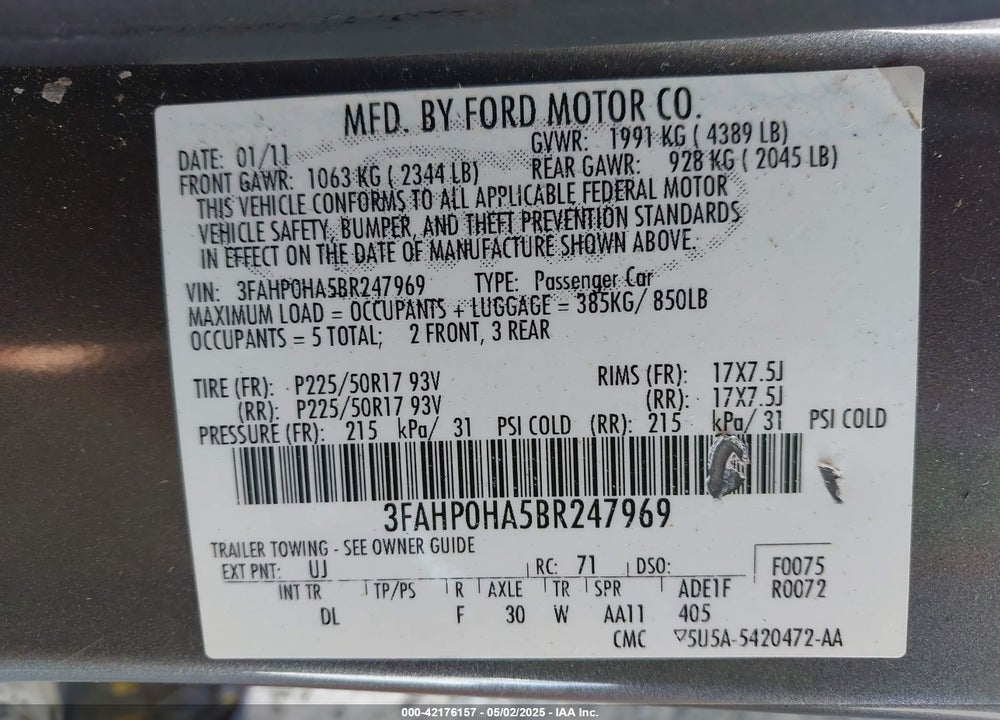2011 FORD FUSION VIN: 3FAHP0HA5BR247969