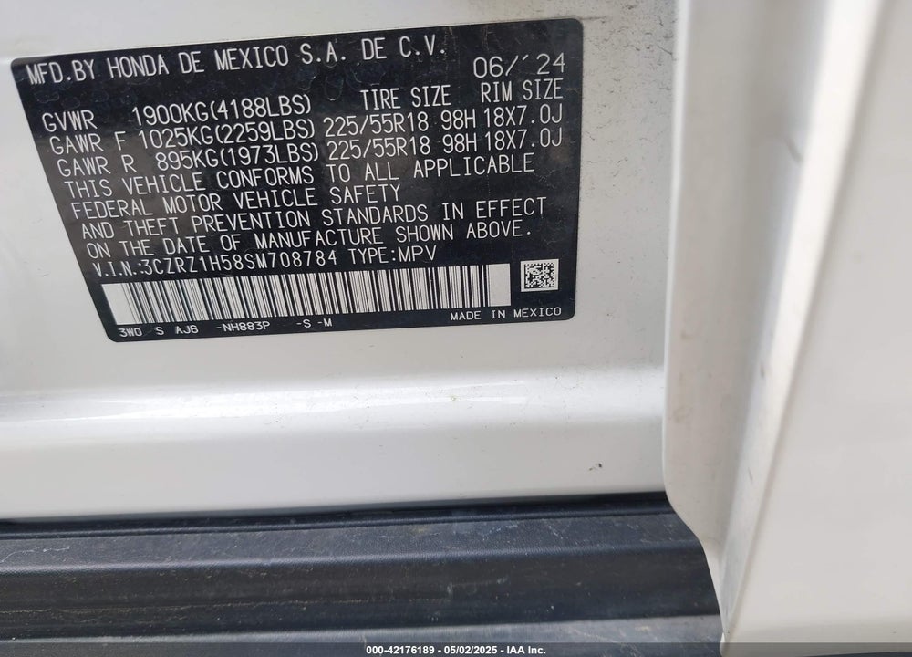 2025 HONDA HR-V 2WD SPORT VIN: 3CZRZ1H58SM708784