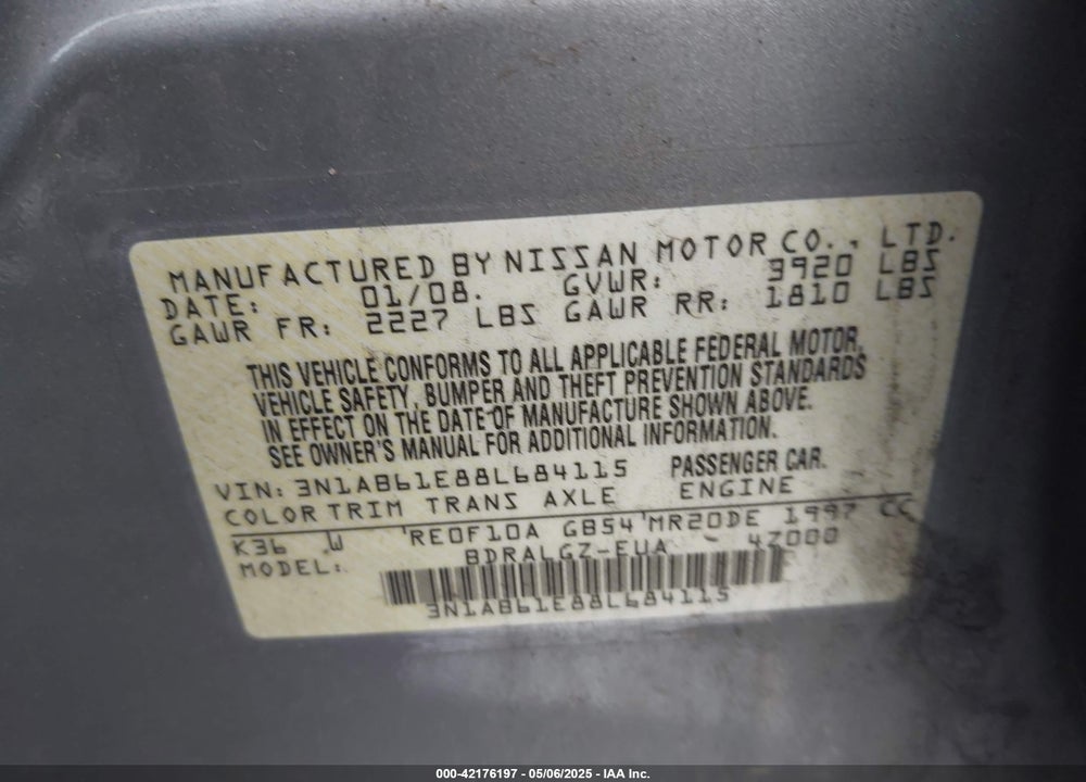 2008 NISSAN SENTRA VIN: 3N1AB61E88L684115