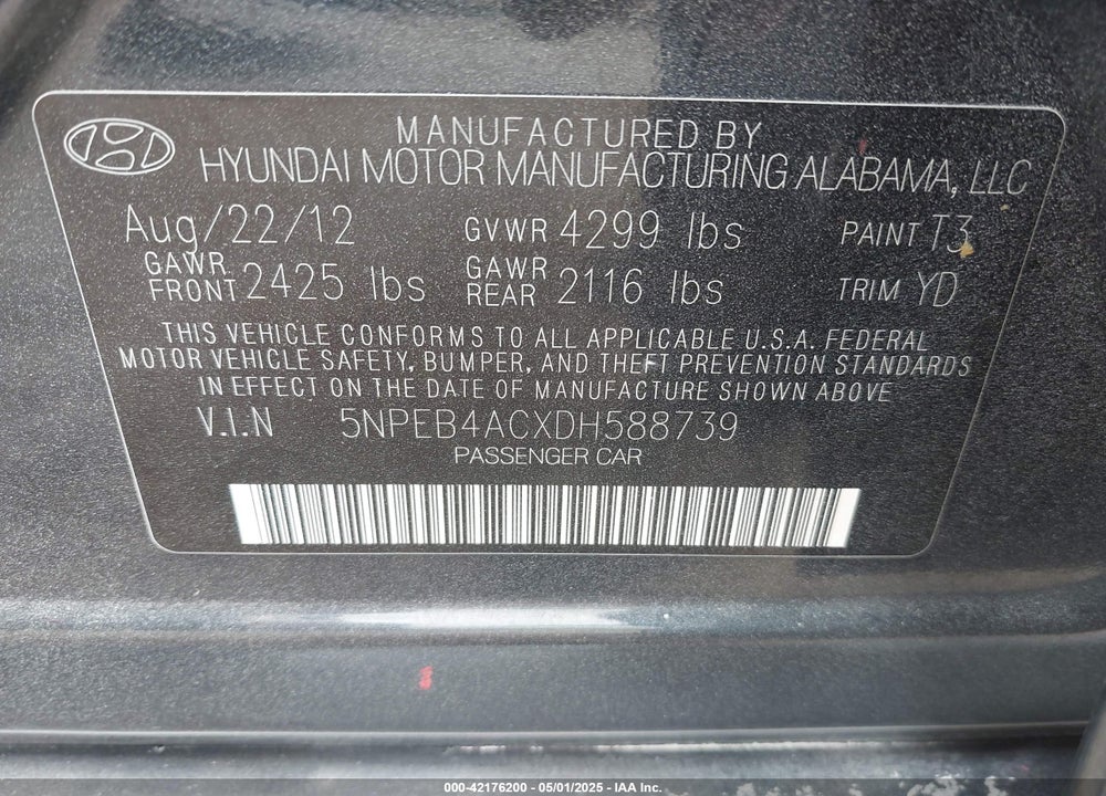 2013 HYUNDAI SONATA GLS VIN: 5NPEB4ACXDH588739