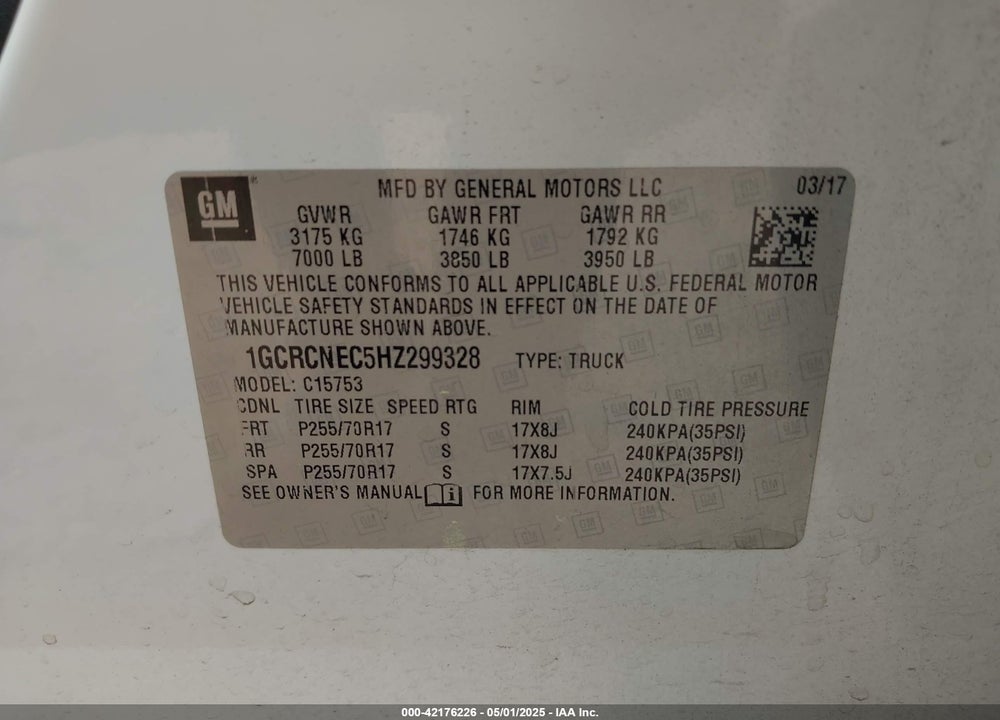 2017 CHEVROLET SILVERADO C1500/C1500 LS VIN: 1GCRCNEC5HZ299328