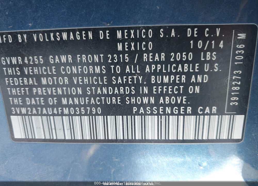 2015 VOLKSWAGEN GOLF VIN: 3VW2A7AU4FM035790