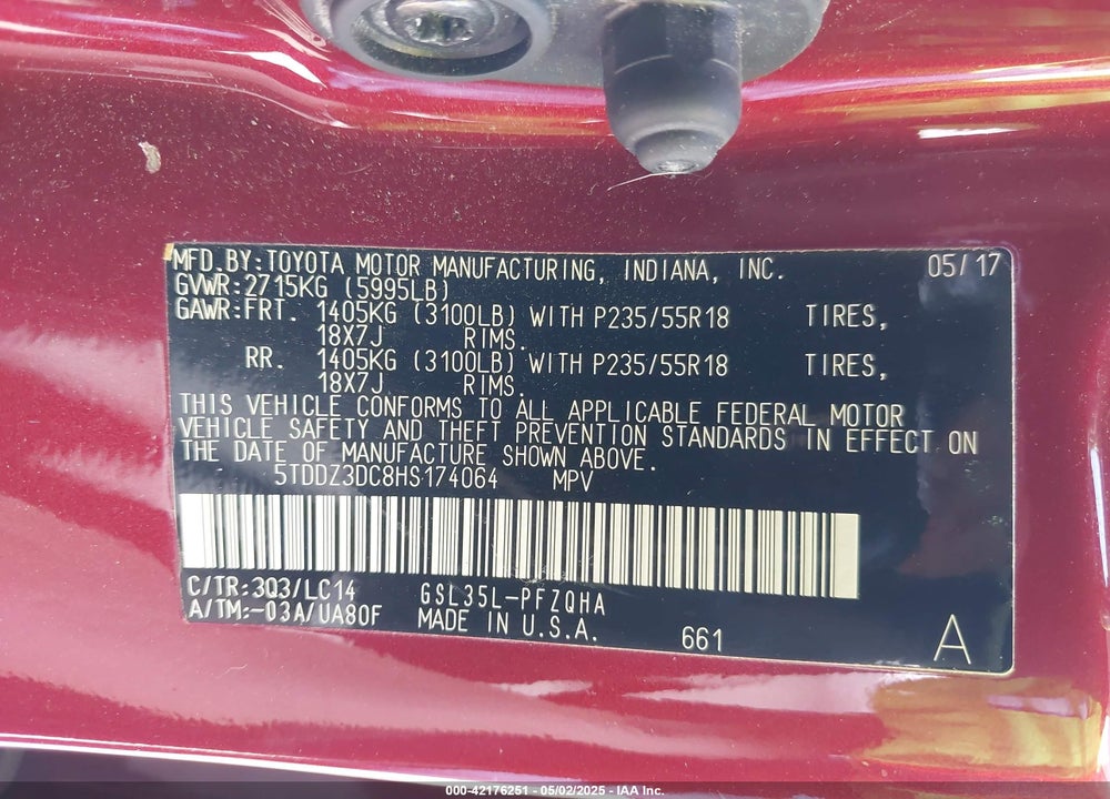 2017 TOYOTA SIENNA XLE 7 PASSENGER VIN: 5TDDZ3DC8HS174064