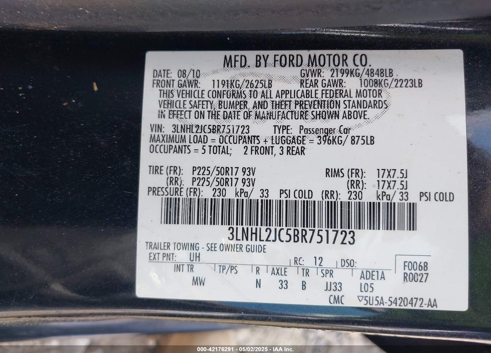2011 LINCOLN MKZ VIN: 3LNHL2JC5BR751723