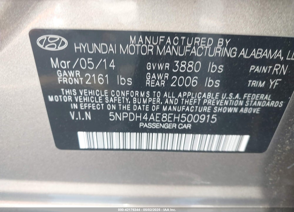 2014 HYUNDAI ELANTRA VIN: 5NPDH4AE8EH500915