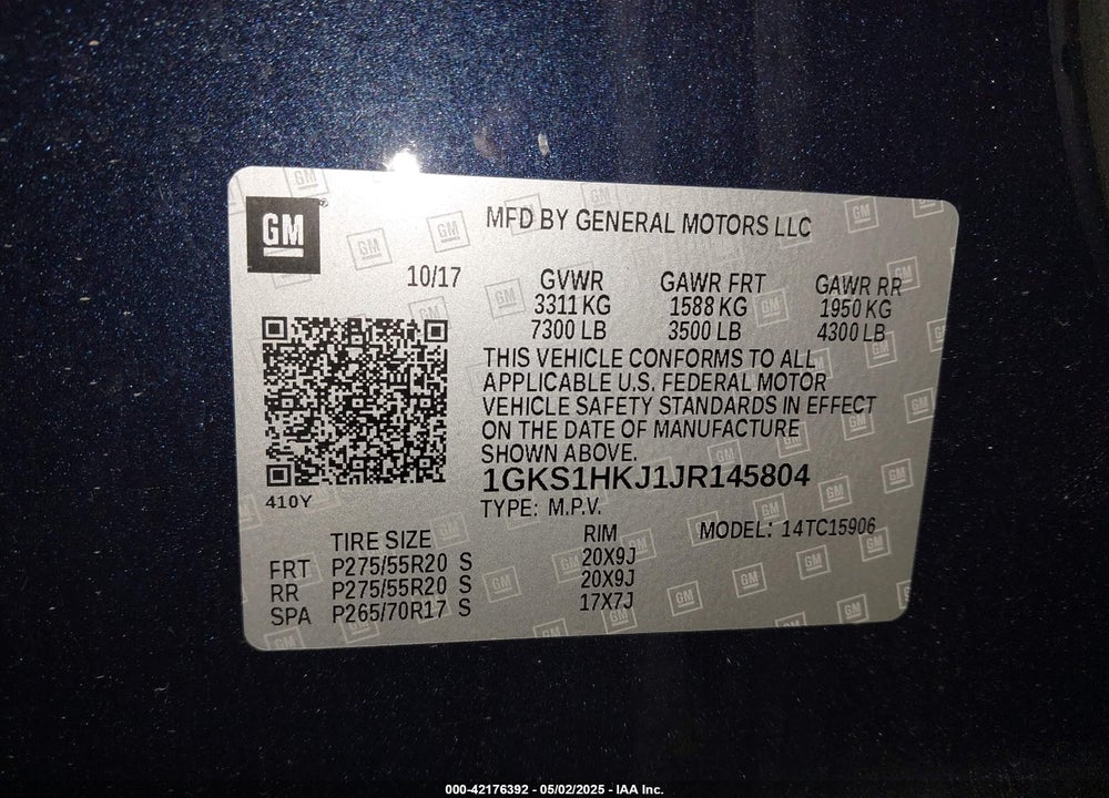 2018 GMC YUKON XL VIN: 1GKS1HKJ1JR145804