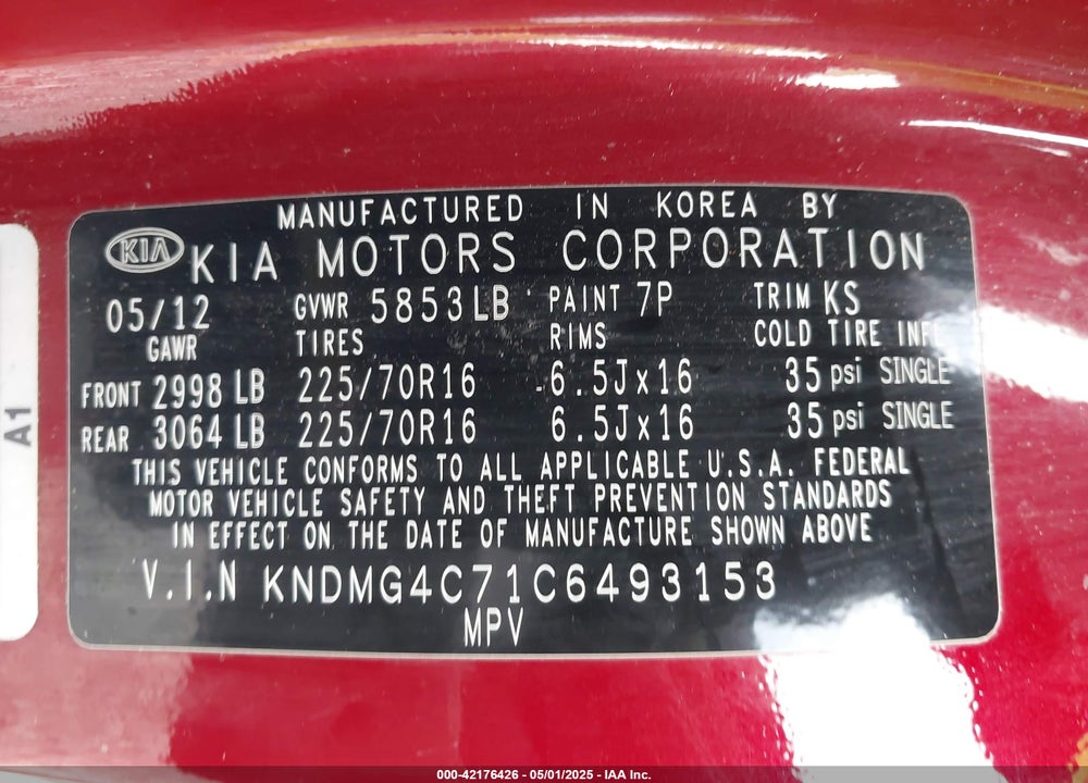2012 KIA SEDONA LX VIN: KNDMG4C71C6493153