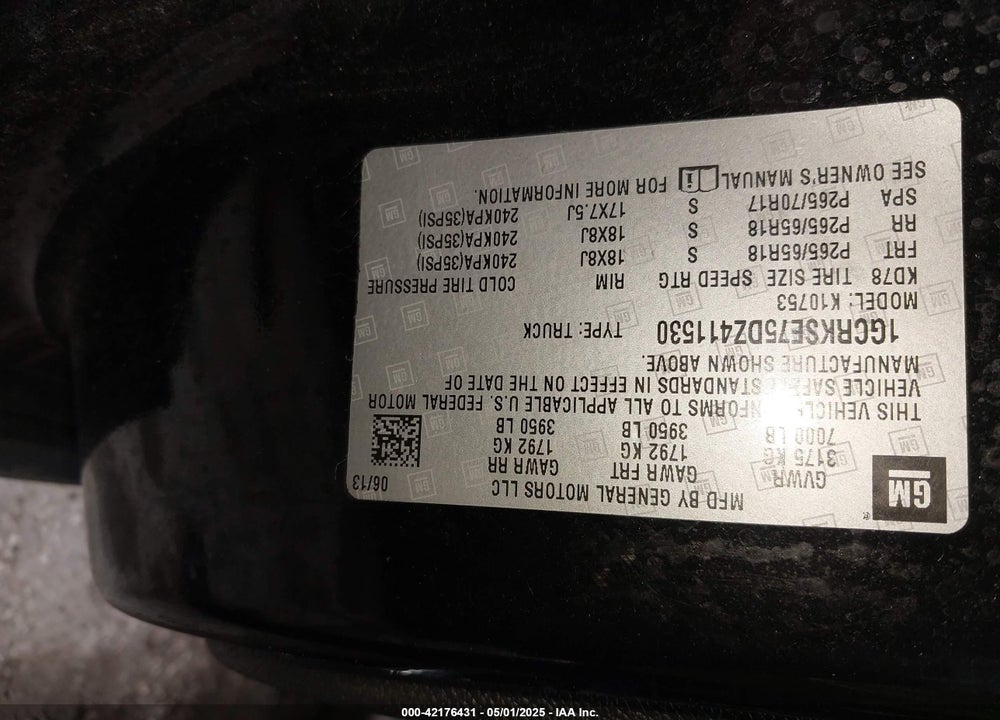 2013 CHEVROLET SILVERADO 1500 VIN: 1GCRKSE75DZ411530