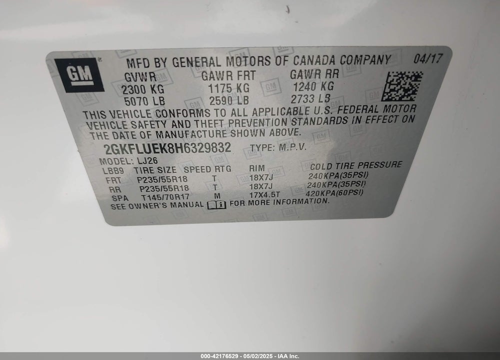 2017 GMC TERRAIN VIN: 2GKFLUEK8H6329832