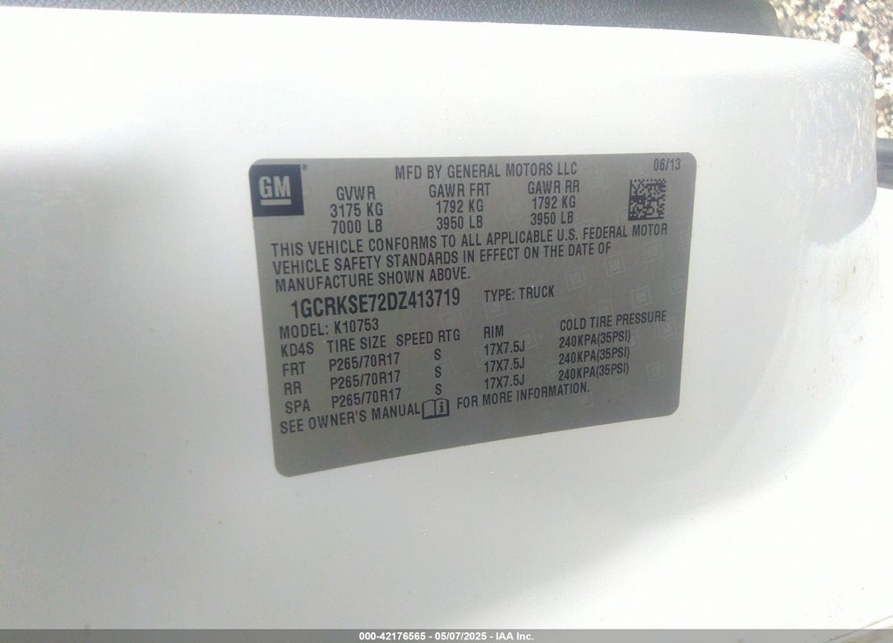 2013 CHEVROLET SILVERADO 1500 LT VIN: 1GCRKSE72DZ413719