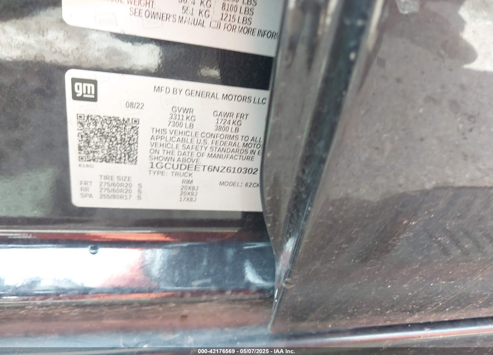 2022 CHEVROLET SILVERADO 1500 VIN: 1GCUDEET6NZ610302