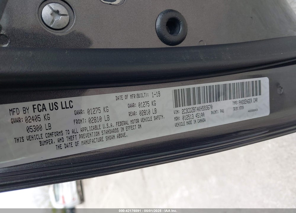 2019 DODGE CHALLENGER R/T VIN: 2C3CDZBT4KH593670