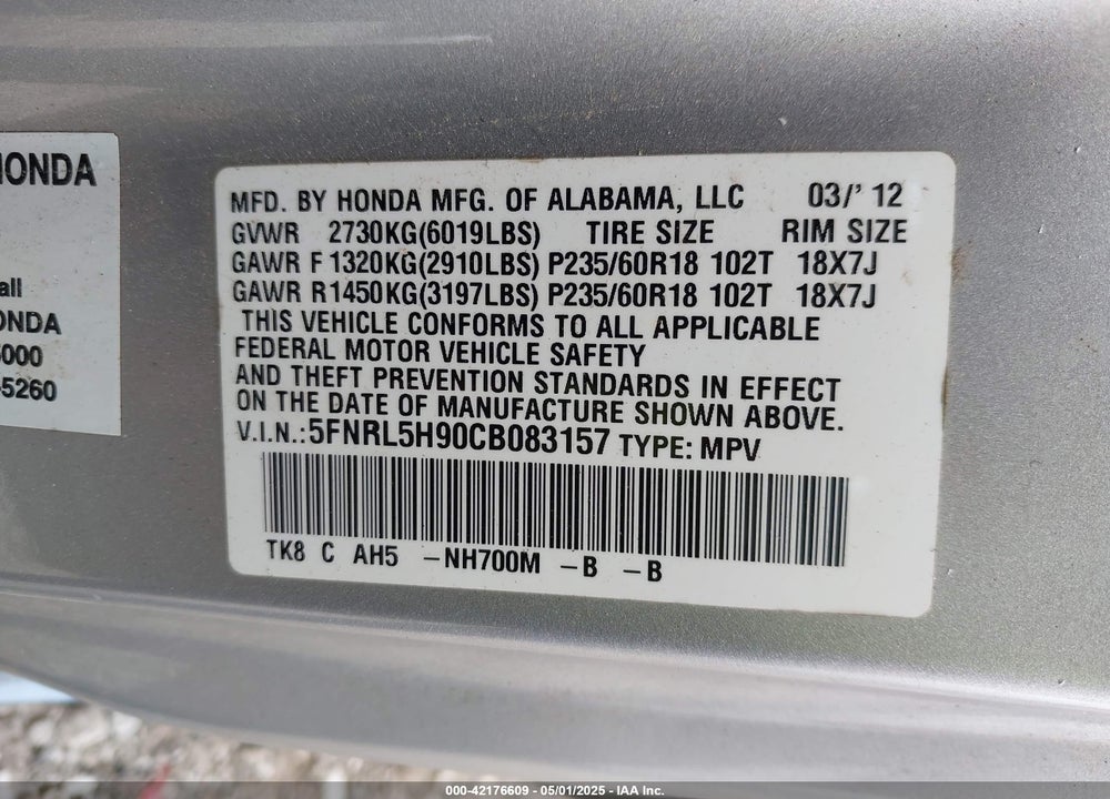 2012 HONDA ODYSSEY TOURING/TOURING ELITE VIN: 5FNRL5H90CB083157