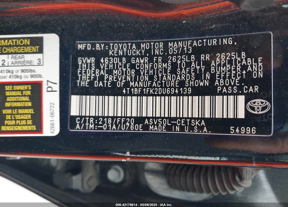 2013 TOYOTA CAMRY VIN: 4T1BF1FK2DU694139