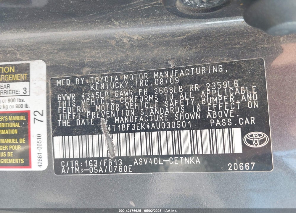 2010 TOYOTA CAMRY VIN: 4T1BF3EK4AU030501