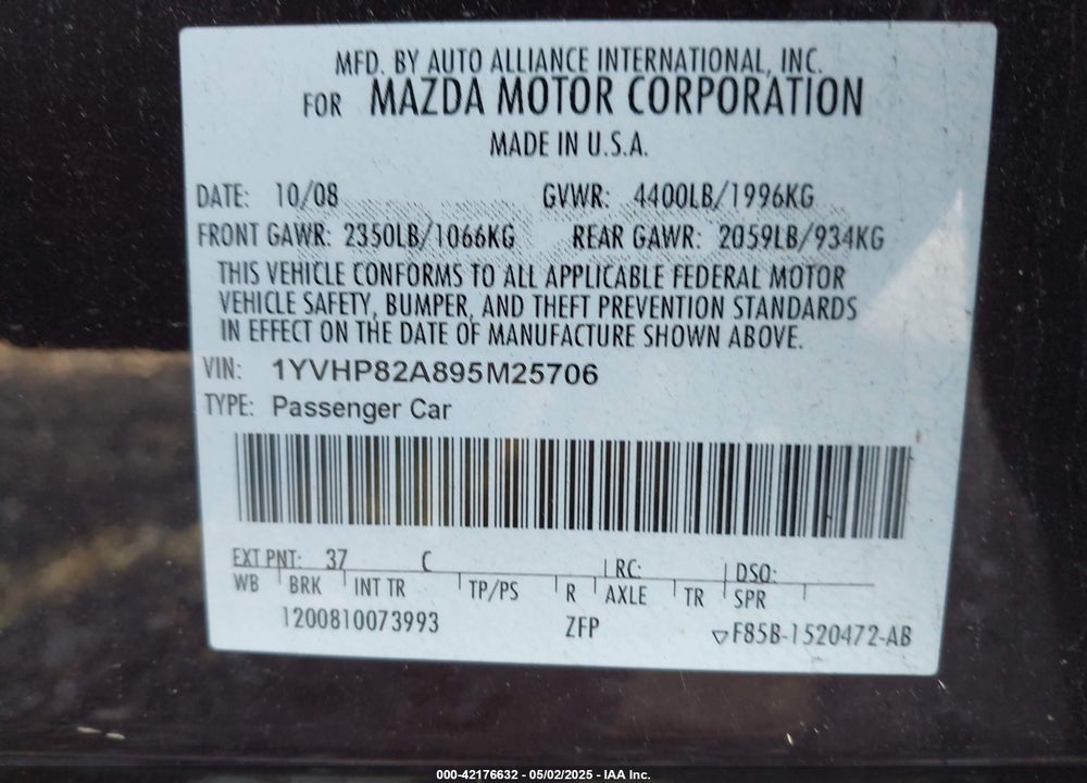 2009 MAZDA 6 I GRAND TOURING VIN: 1YVHP82A895M25706