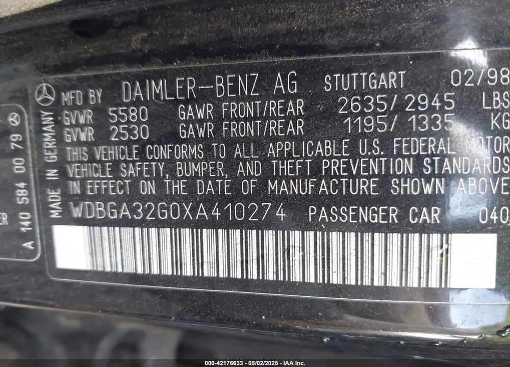 1999 MERCEDES-BENZ S 320 VIN: WDBGA32G0XA410274