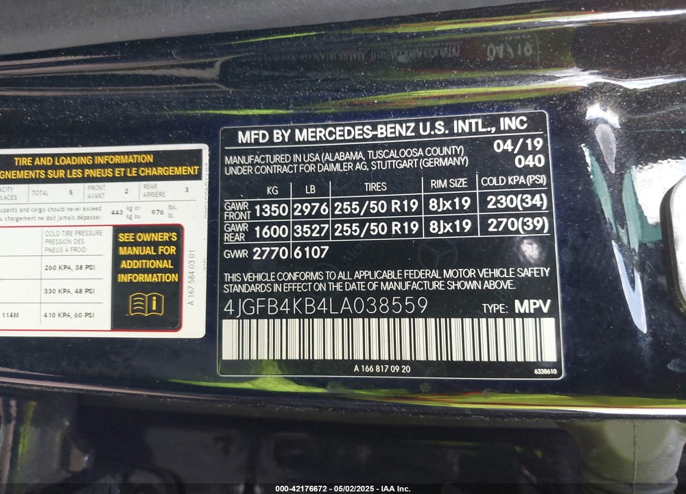 2020 MERCEDES-BENZ GLE CLASS VIN: 4JGFB4KB4LA038559
