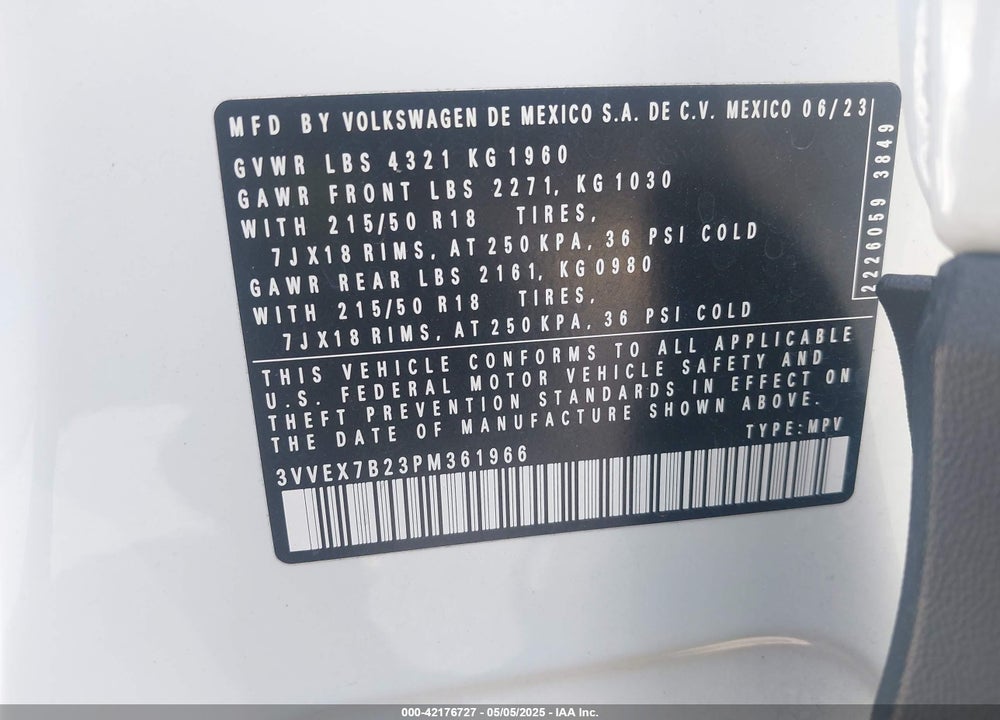 2023 VOLKSWAGEN TAOS VIN: 3VVEX7B23PM361966