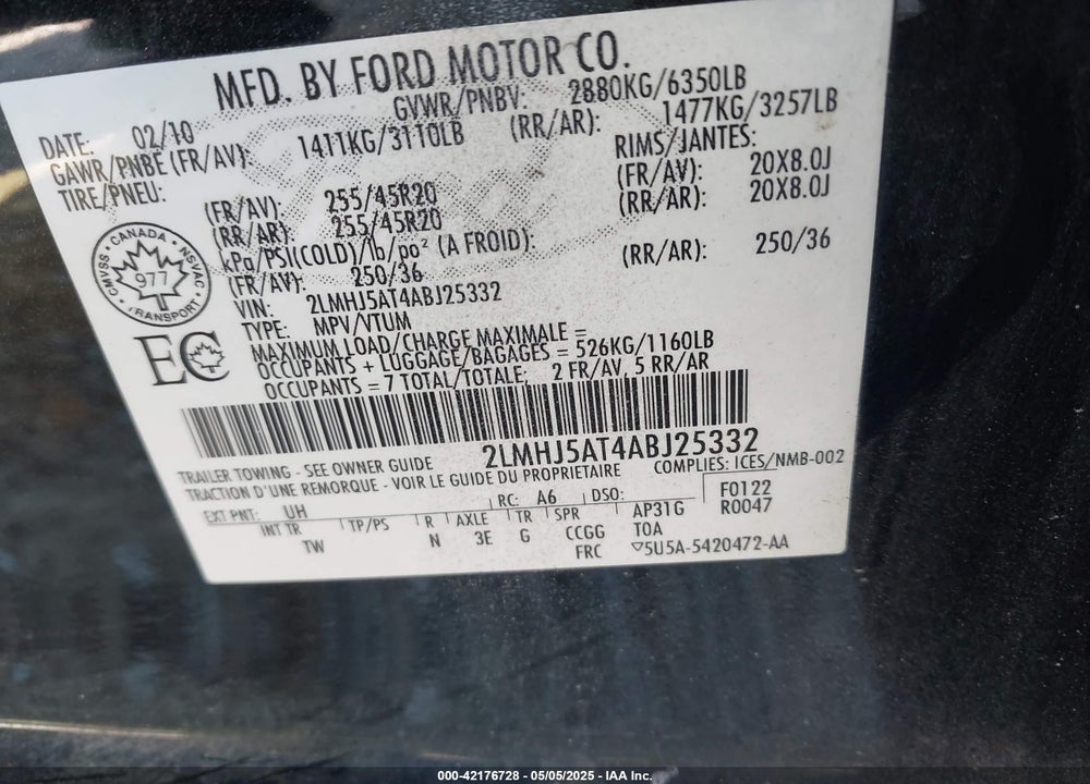 2010 LINCOLN MKT VIN: 2LMHJ5AT4ABJ25332