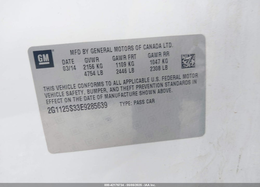 2014 CHEVROLET IMPALA 2LT VIN: 2G1125S33E9285639
